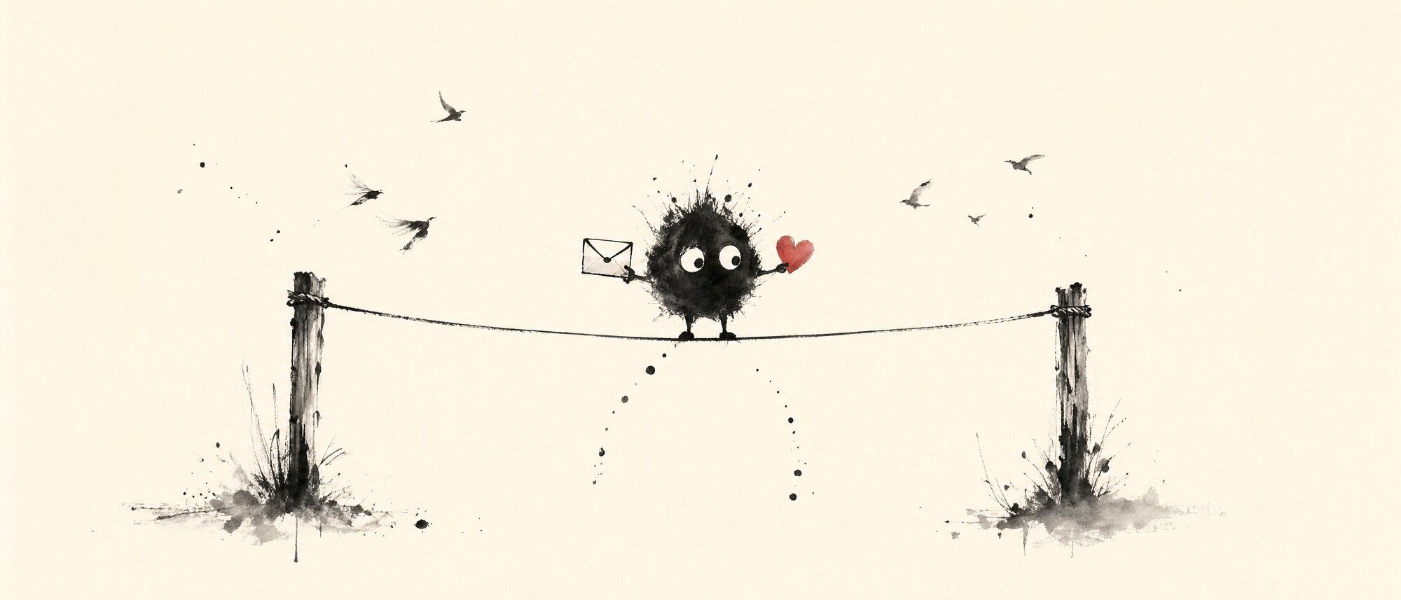 An ink-wash creature balances on a tightrope, an envelope in one hand and a coral heart in the other.
